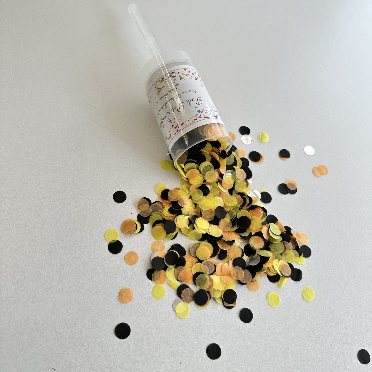 Поппер із паперовим конфеті жовтогарячо-чорна Push Pop, фото 1