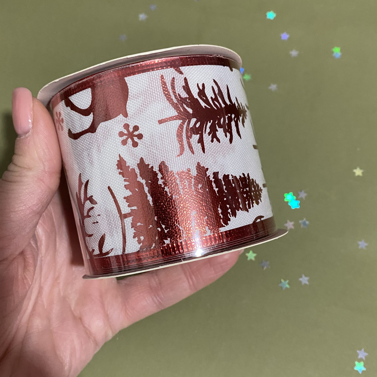 Новорічна стрічка біла з червоним дизайном, 6,3 см х 2,7 м, фото 1