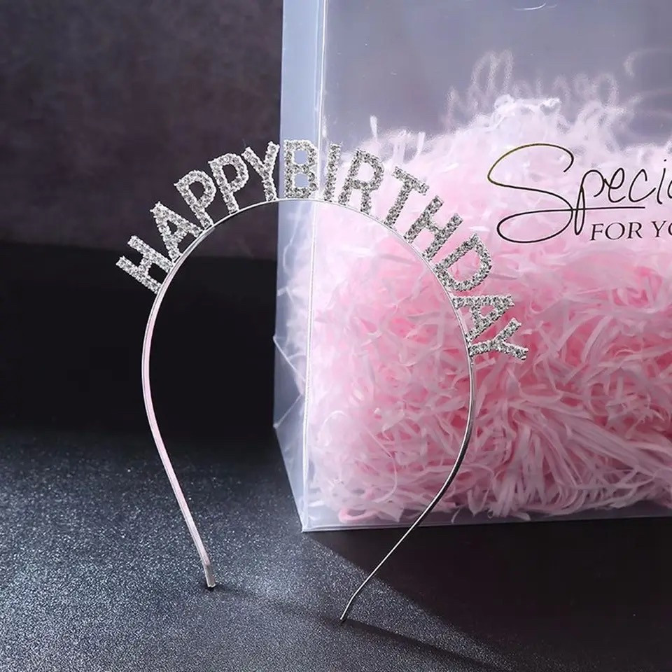 Обруч со стразами Happy birthday серебро, фото 1