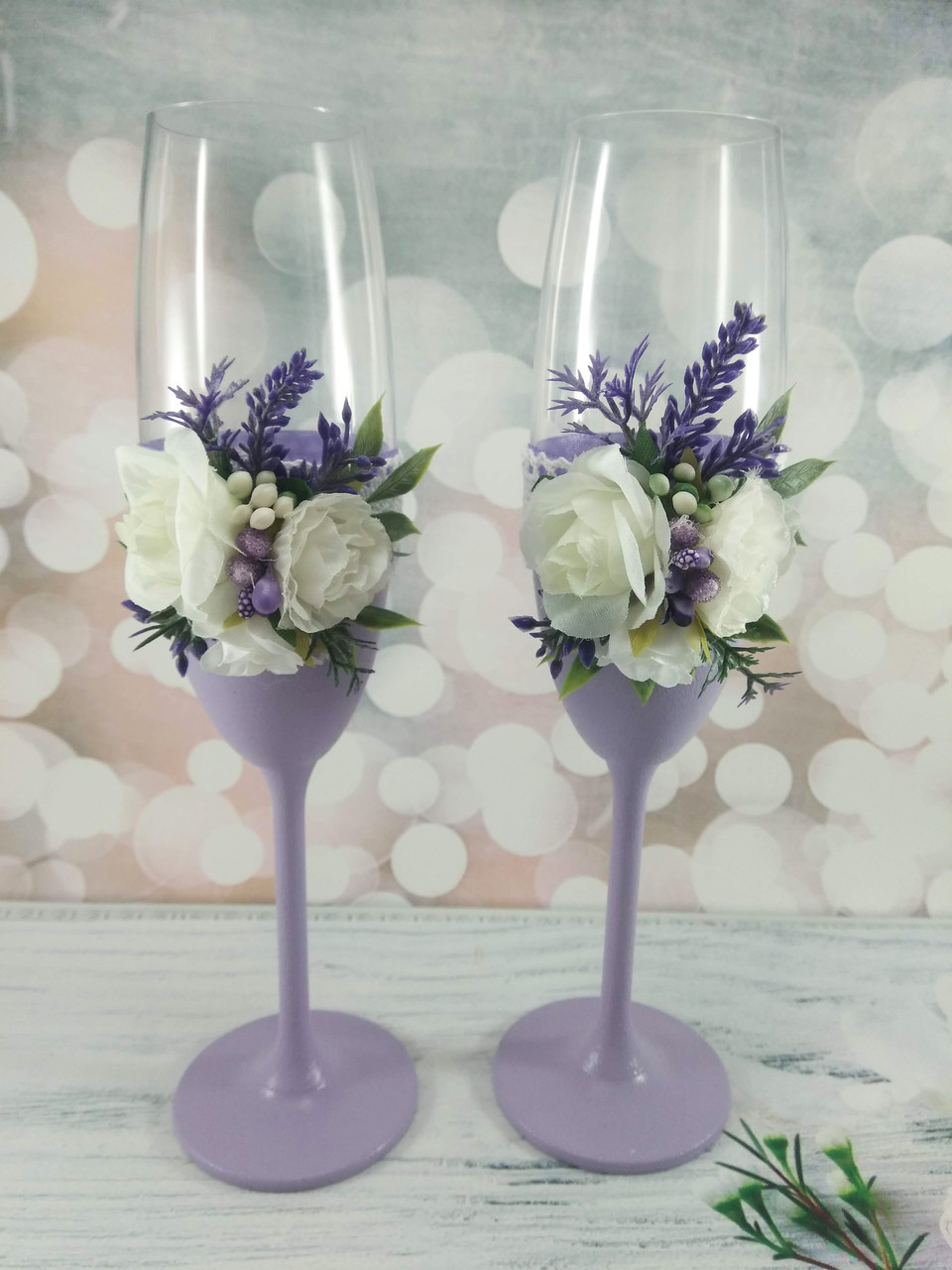 Весільні келихи ручної роботи в бузковому кольорі, фото 1