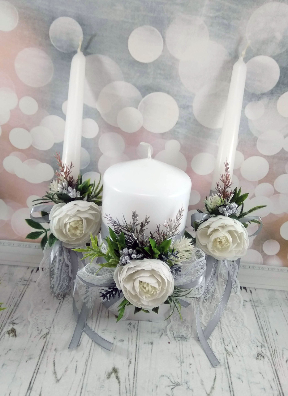 Весільні свічки ручна робота в сірому кольорі, фото 1
