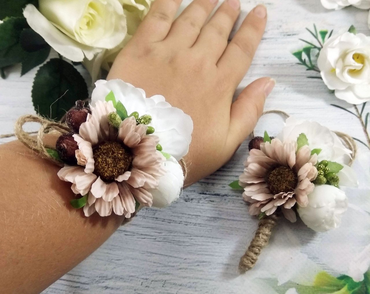 Набір бутоньєрок пудра, рустик, фото 1