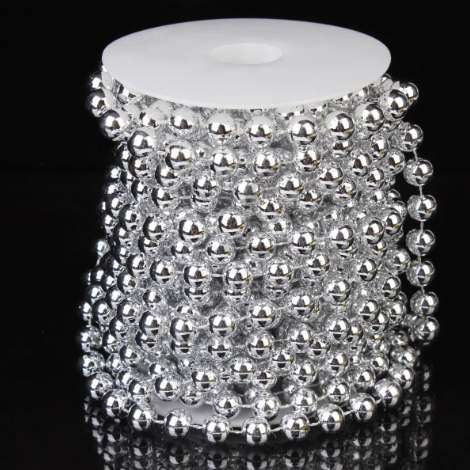 Декоративні перли на нитці срібні на Новий Рік 12 мм, 5 м, фото 1