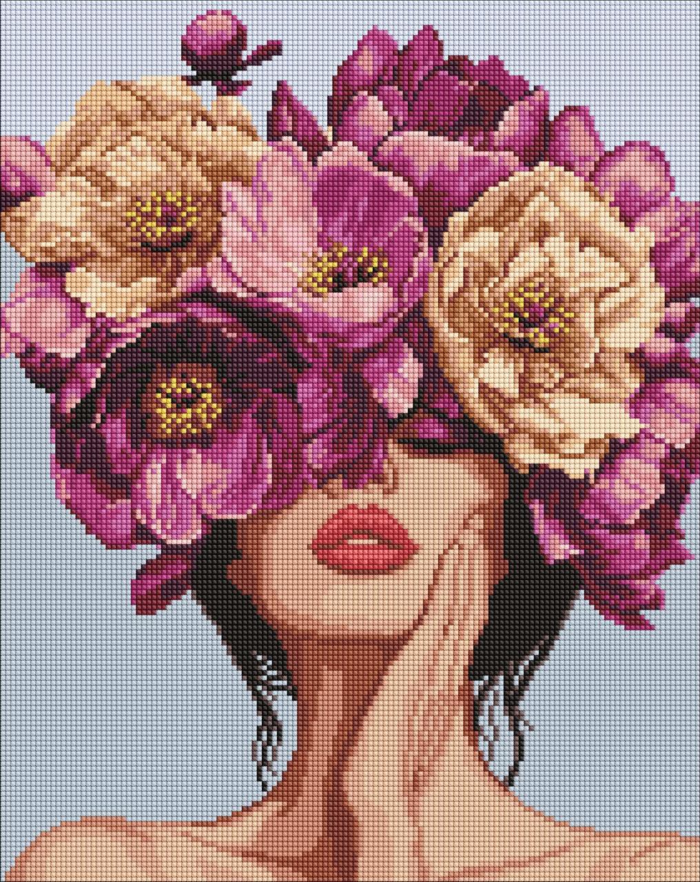 Алмазна мозаїка/вишивка Дівчина у квітах з голограмними стразами 40*50 см Ідейка AMO 7992, фото 1