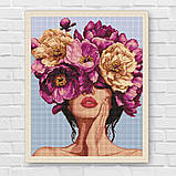 Алмазна мозаїка/вишивка Дівчина у квітах з голограмними стразами 40*50 см Ідейка AMO 7992, фото 7