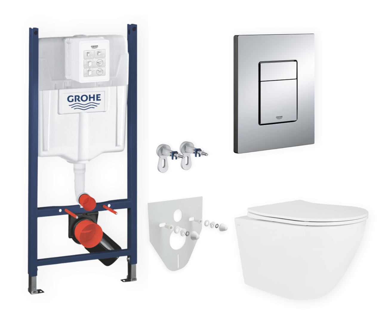 Комплект 5в1: інсталяція Grohe + безобідковий круглий унітаз, білий, змив Rimless + клавіша хром глянцева