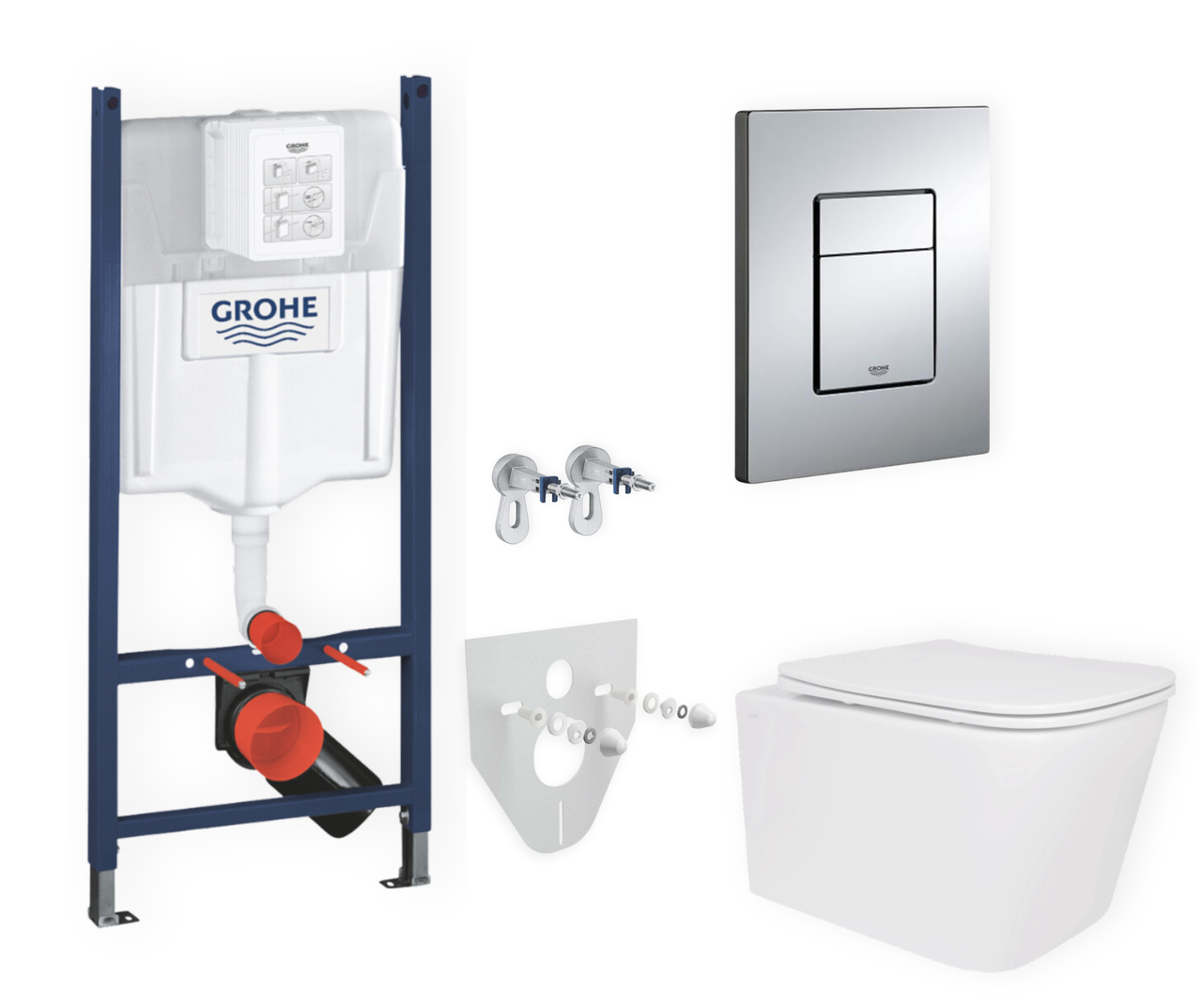 Комплект 5в1: інсталяція Grohe + безобідковий квадратний унітаз, білий, змив Rimless + клавіша хром глянцева
