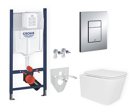 Комплект 5в1: інсталяція Grohe + безобідковий квадратний унітаз, білий, змив Rimless + клавіша хром глянцева, фото 1