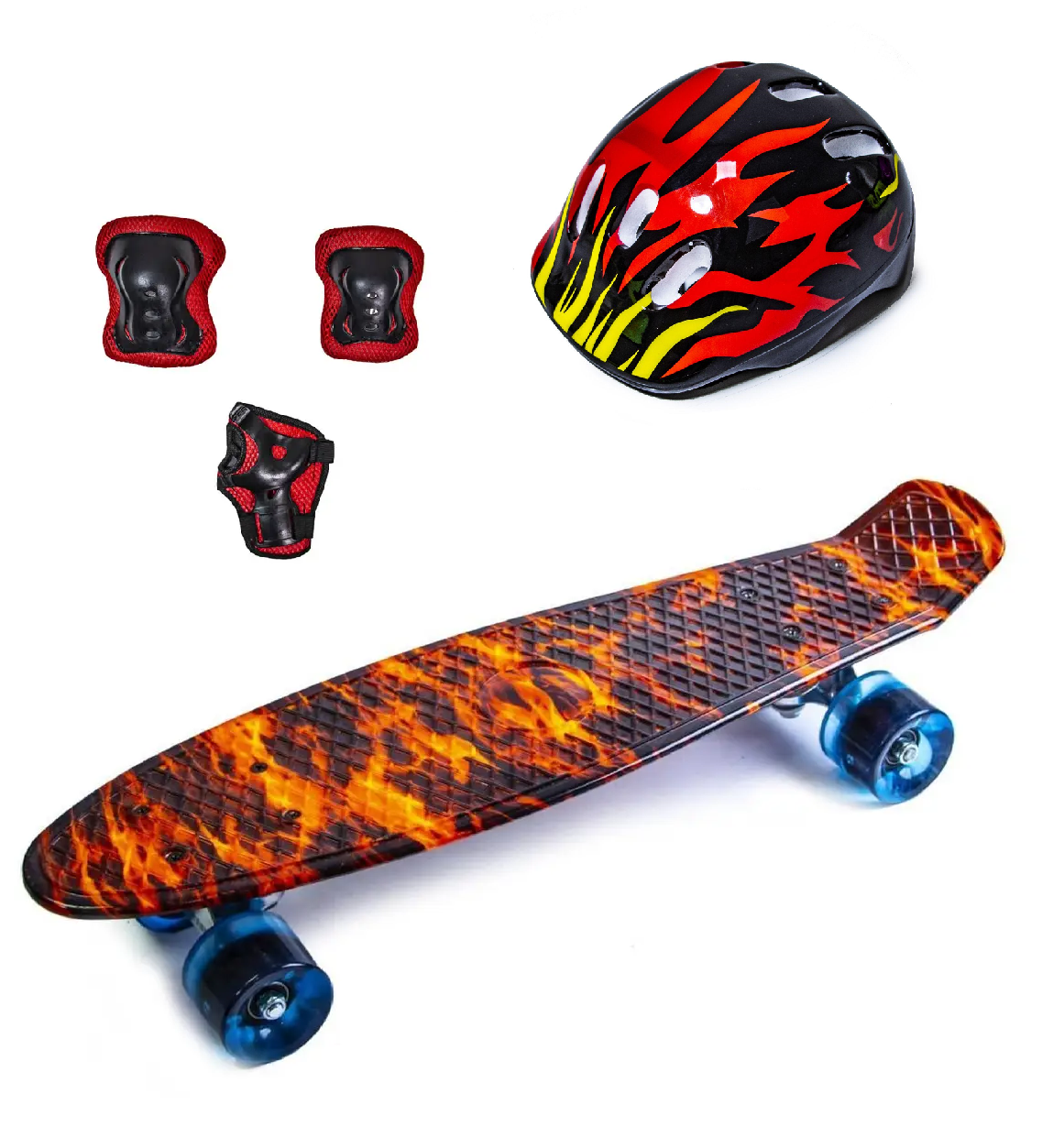 Скейт пенні Борд Penny Board. Fire + захист + шолом. Світиться колесо.