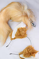 Набор анальная пробка из нержавеющей стали "Лисий хвост" и Обруч "Ушки", Рыжий