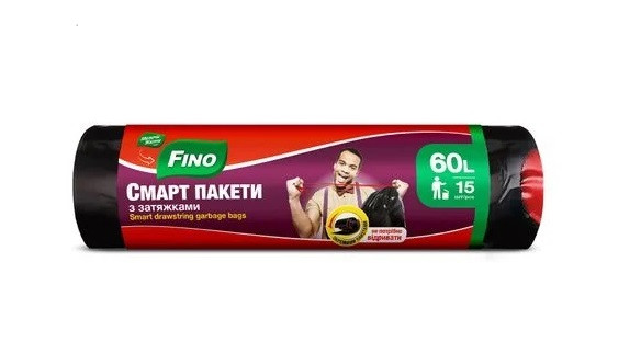 Сміттєві пакети з затяжками Fino Міцні 60 л 15 шт, фото 1