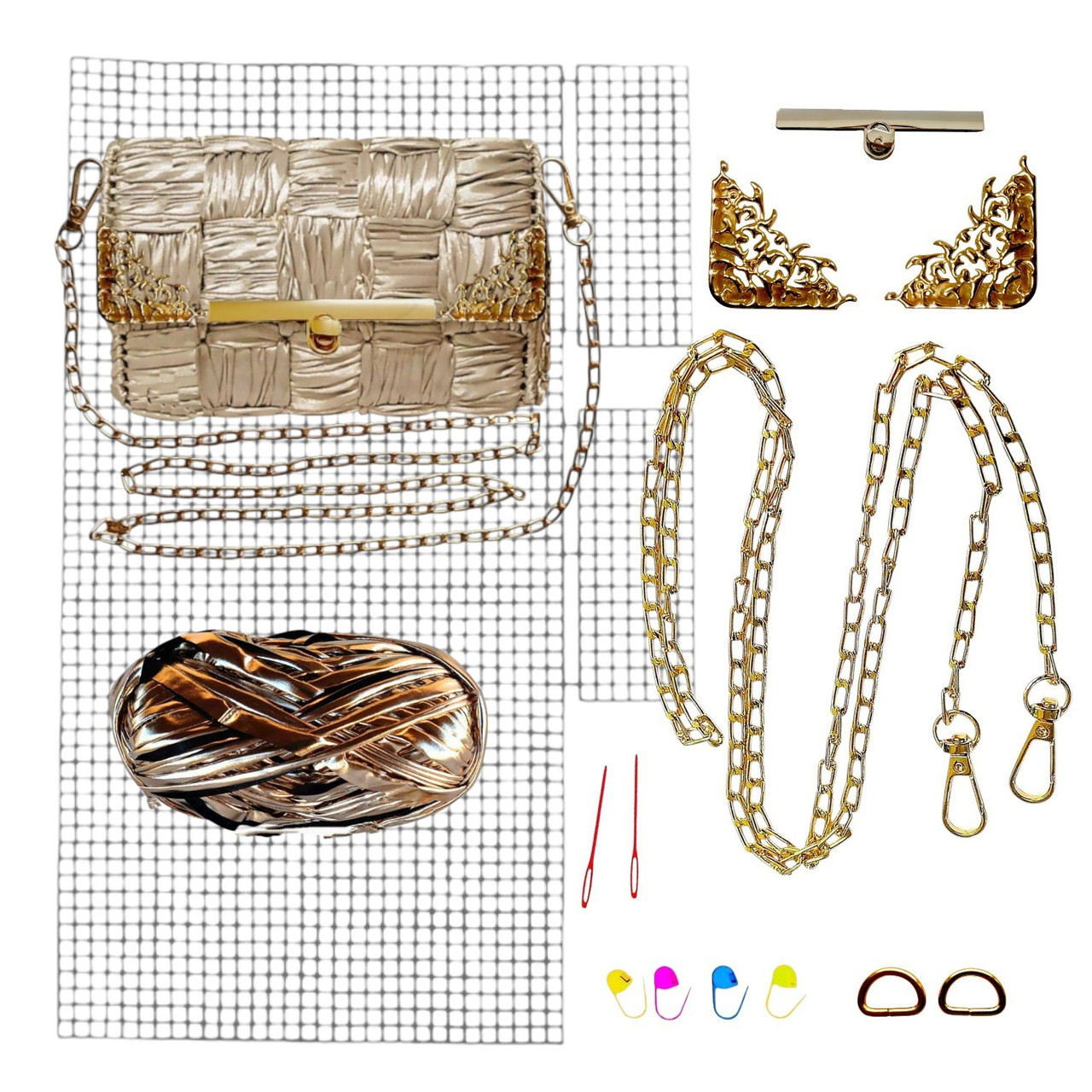 Набір для створення сумки із пластикової канви "Золота планка з поворотним замком" + нитки Металік Золото-світле, фото 1