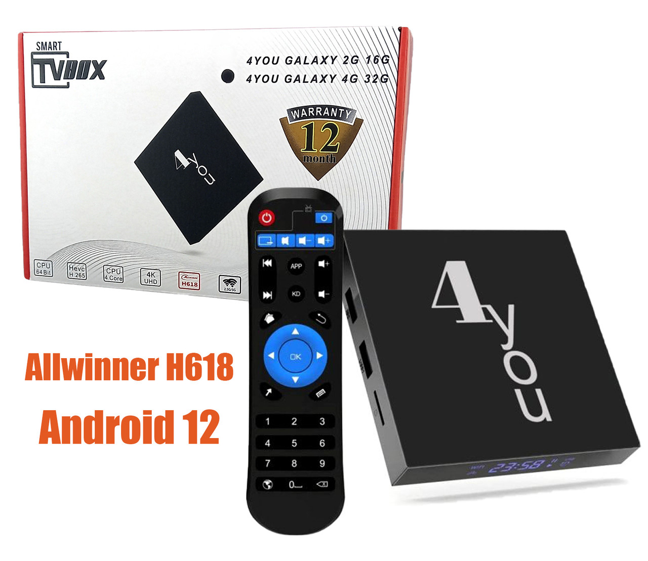 Смарт ТБ приставка Smart TV Box 4you GALAXY 4/32Gb (Allwinner H618, 6K, Android 12, Dual band WiFi)