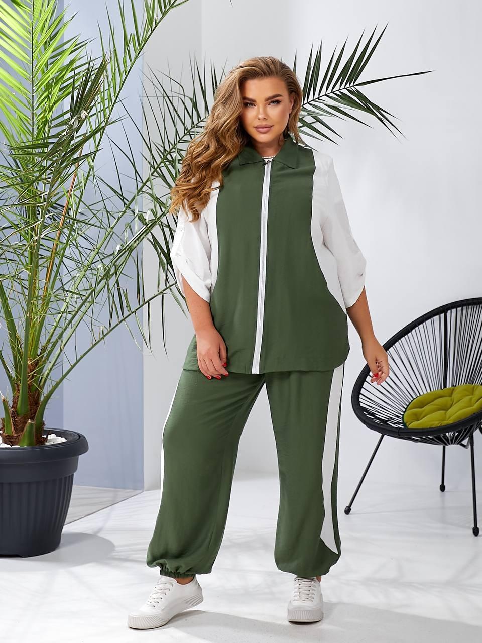 Жіночий лляний легкий костюм великого розміру plussize 48-58 кофта на блискавці і брюки з манжетами