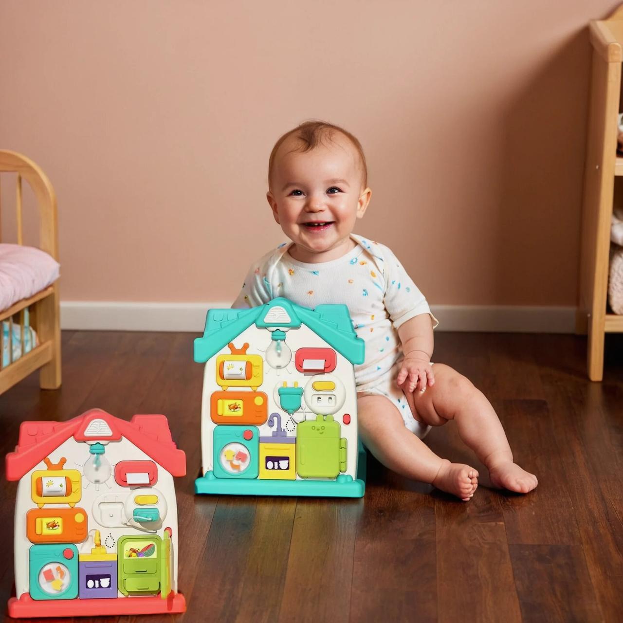 Бизіборд для дітей Розвиваюча дошка монтессорі для хлопчика дівчинки іграшка для малюка 2 кольори світло звук укр, фото 1