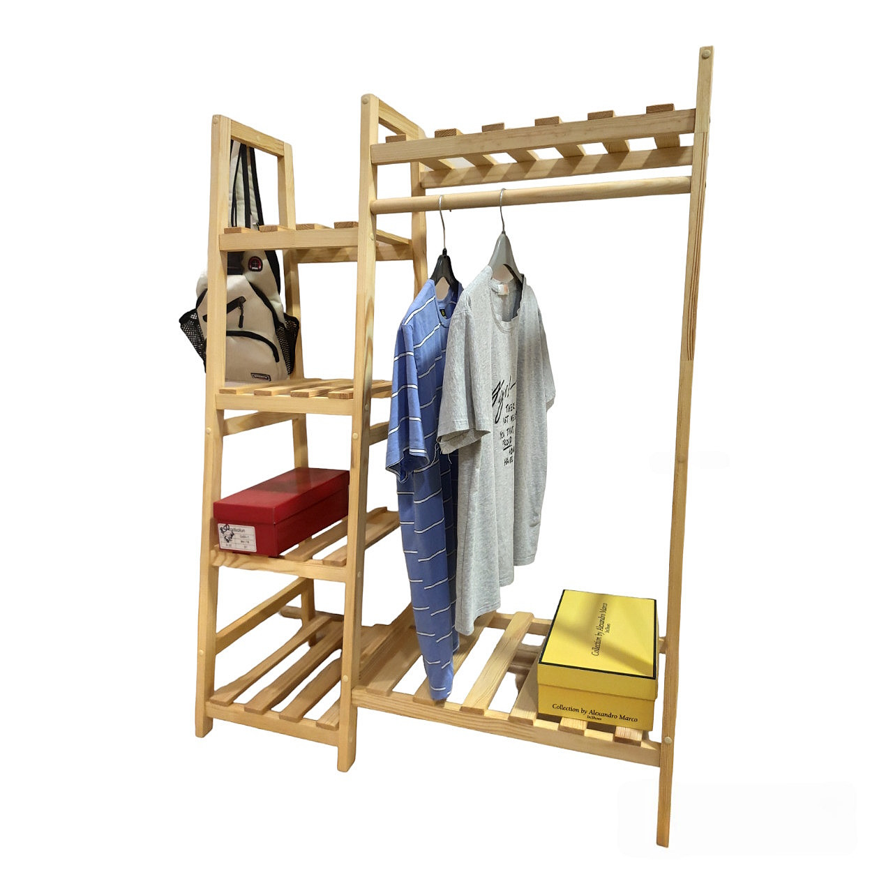 Вішалка стійка для одягу підлогова дерев'яна з полицями, фото 1