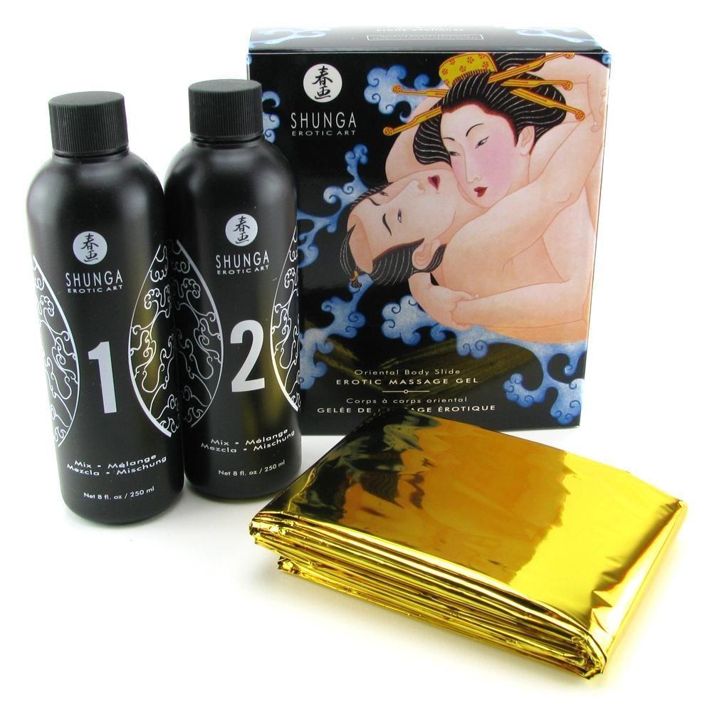 Гель для NURU-масажу Shunga Oriental Body-to-Body – Exotic Fruits (2 x 225 мл), в комплекті простирадло