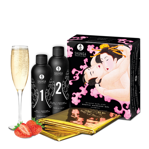 Гель для NURU-масажу Shunga Oriental Body-to-Body Sparkling Strawberry Wine (2x225 мл), в комплекті простирадло