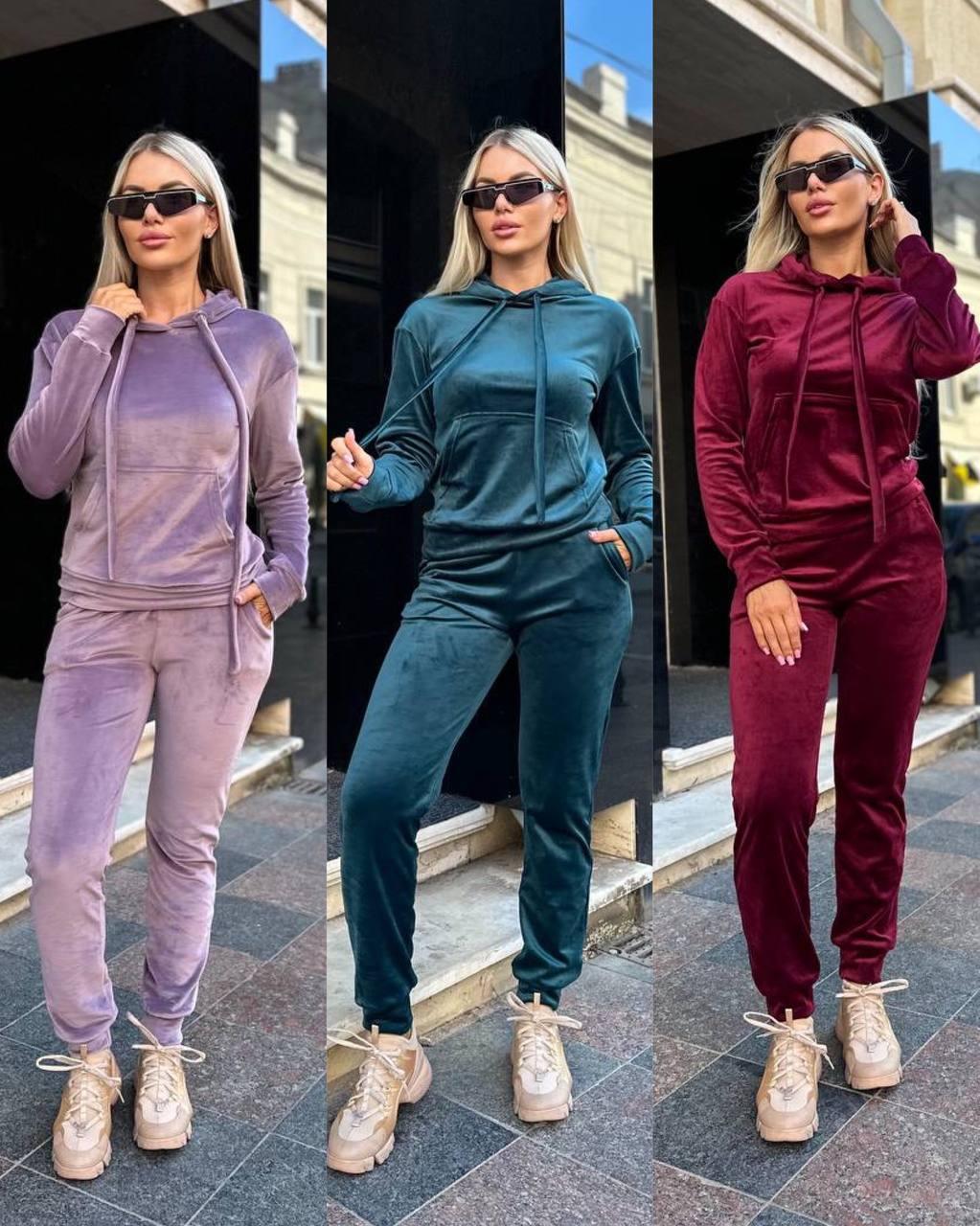 Жіночий велюровий спортивний костюм з капюшоном: 42-44, 46-48, 50-52 - чорний, графіт, бордо, смарагд, блакитний - фото 1 - id-p2603080137