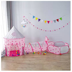 Дитячий намет 3 в 1 (намет, тунель і сухий басейн для м'ячів) зоряне небо Ракета рожевий