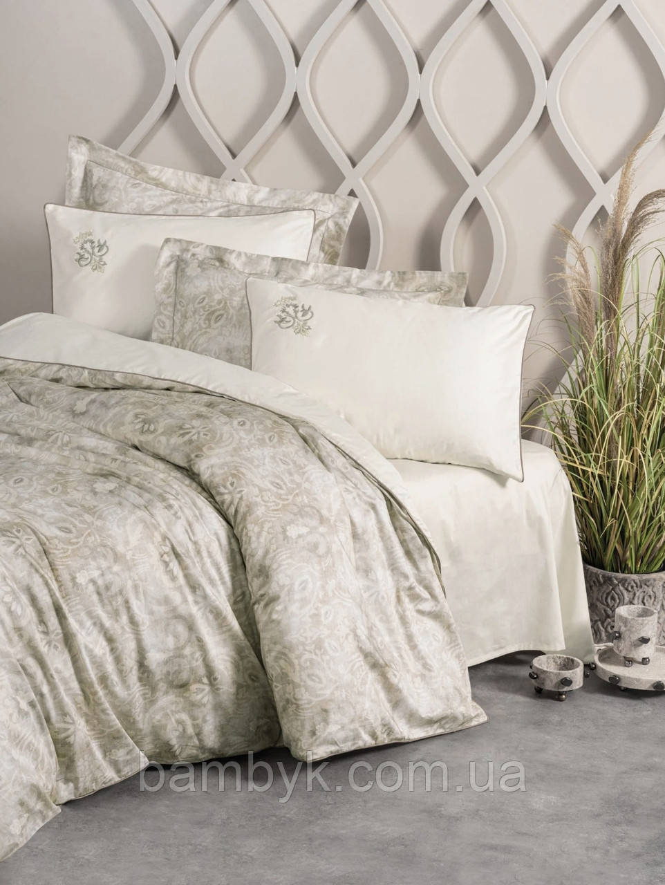 Постільна білизна Cotton Box Elite "Beatrix Bej" сатин delux з вишивкою преміум якість бавовняне розмір євроТуреччина