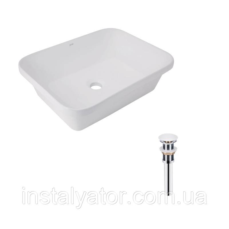 Комплект Qtap Scorpio: Раковина врізна прамокутна 500х380х145 мм White + Донний клапан PU02, фото 1
