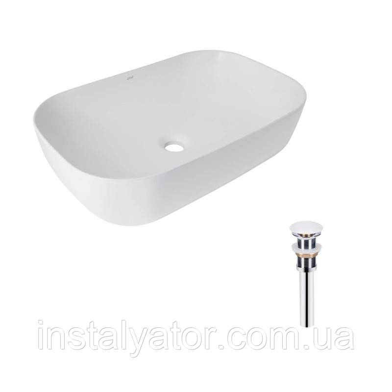 Комплект Qtap Robin: Раковина накладна прамокутна 610x400x145 мм White + Донний клапан PU02, фото 1