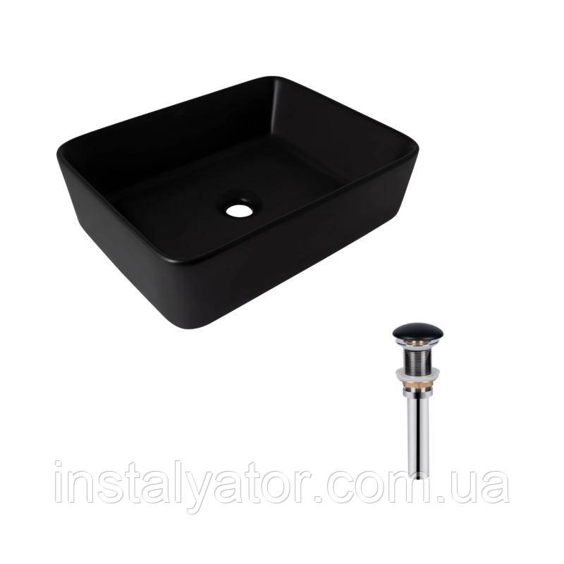 Комплект Qtap Tern: Раковина накладна прамокутна 475х370х140 мм Matt Black + Донний клапан PU03