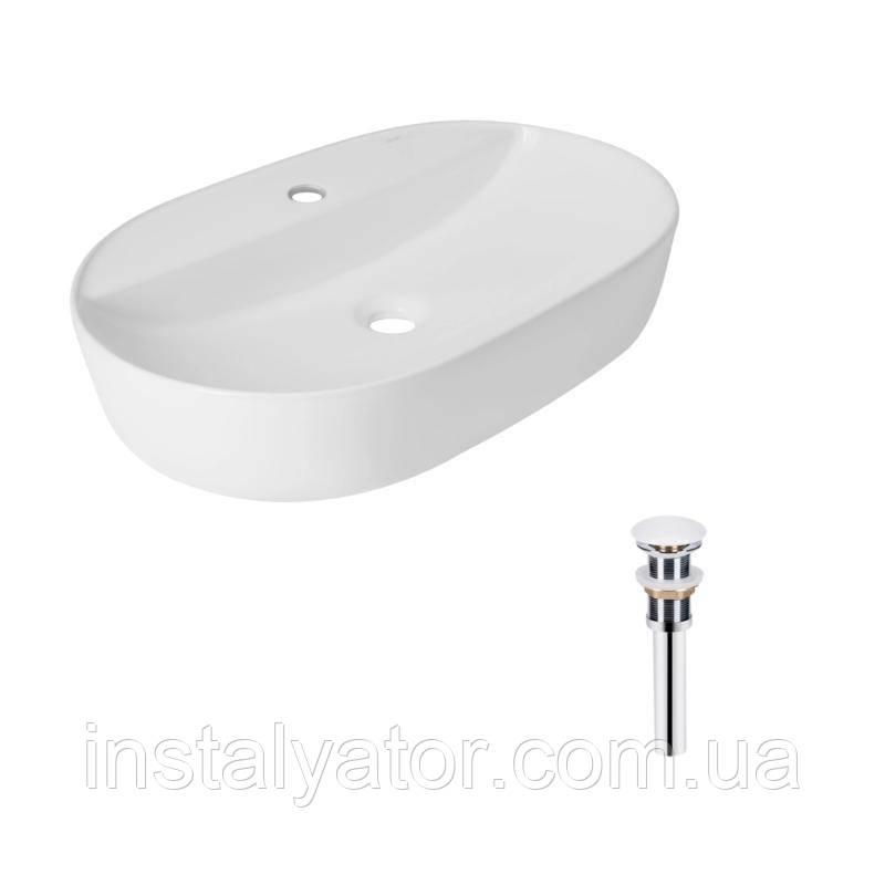 Комплект Qtap Scorpio: Раковина накладна овальна 610x400x120 мм White + Донний клапан PU02, фото 1
