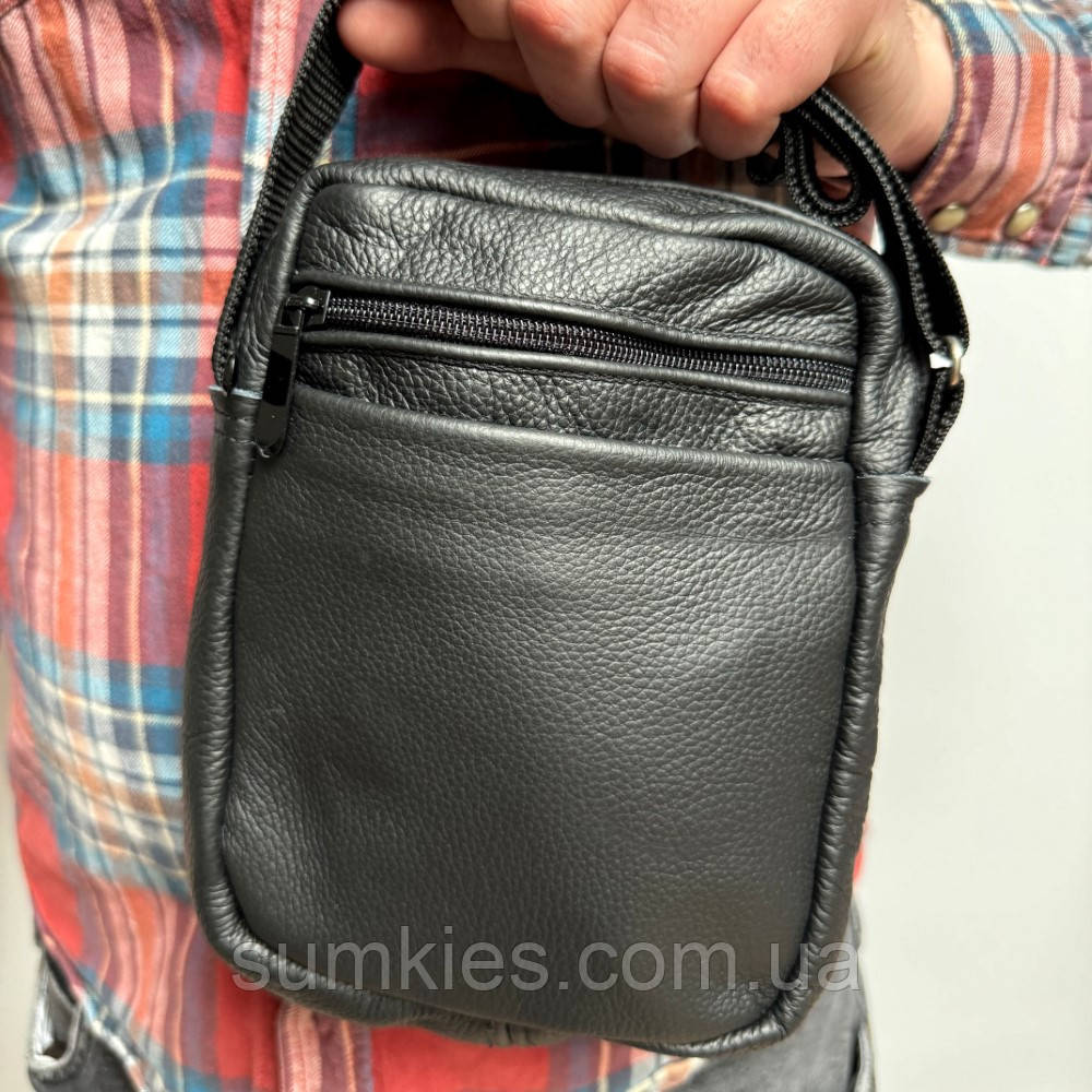 Шкіряна сумка Gofin чорна на плече на чотири відділення 21х16 см SMK-20046, фото 1