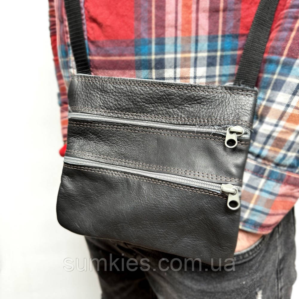 Шкіряна сумка Gofin темно сіра на плече 19х17 см SMK-20054, фото 1