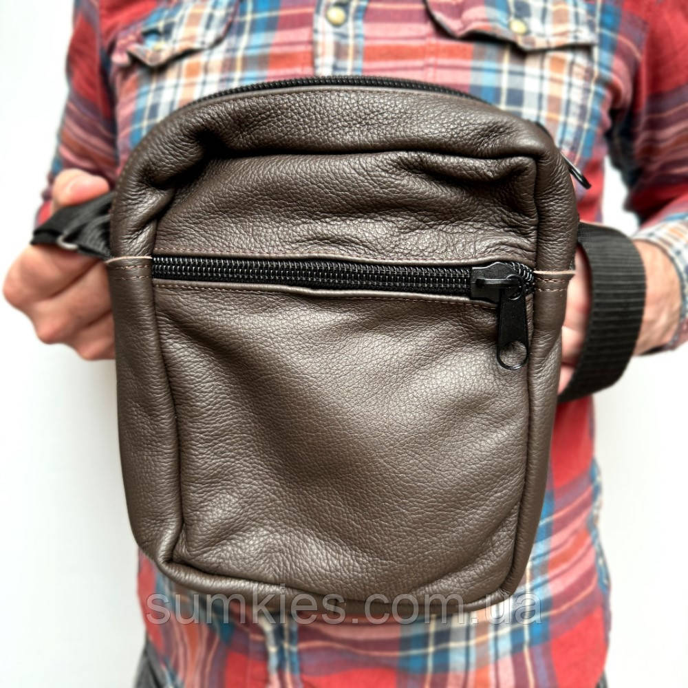 Шкіряна сумка Gofin коричнева на плече на п’ять відділень 23х20 см SMK-20052, фото 1