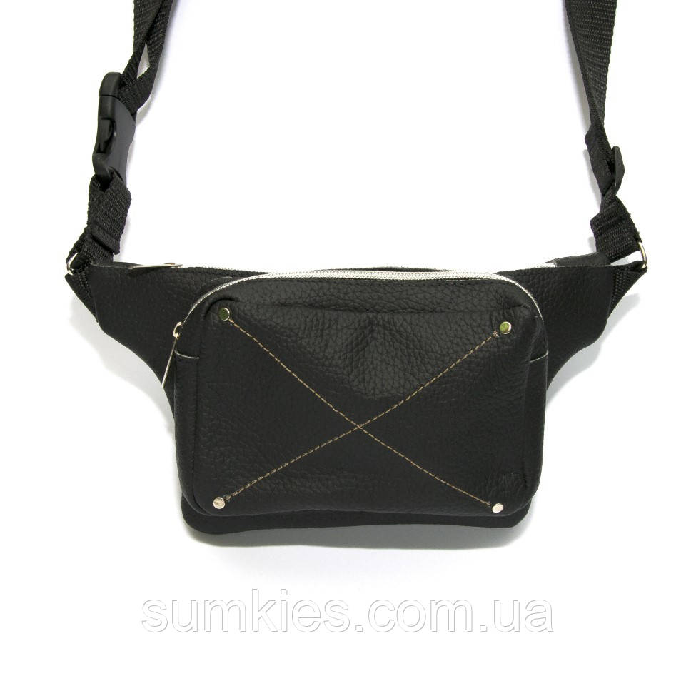 Шкіряна бананка Gofin чорна на два відділення SMK-20015, фото 1