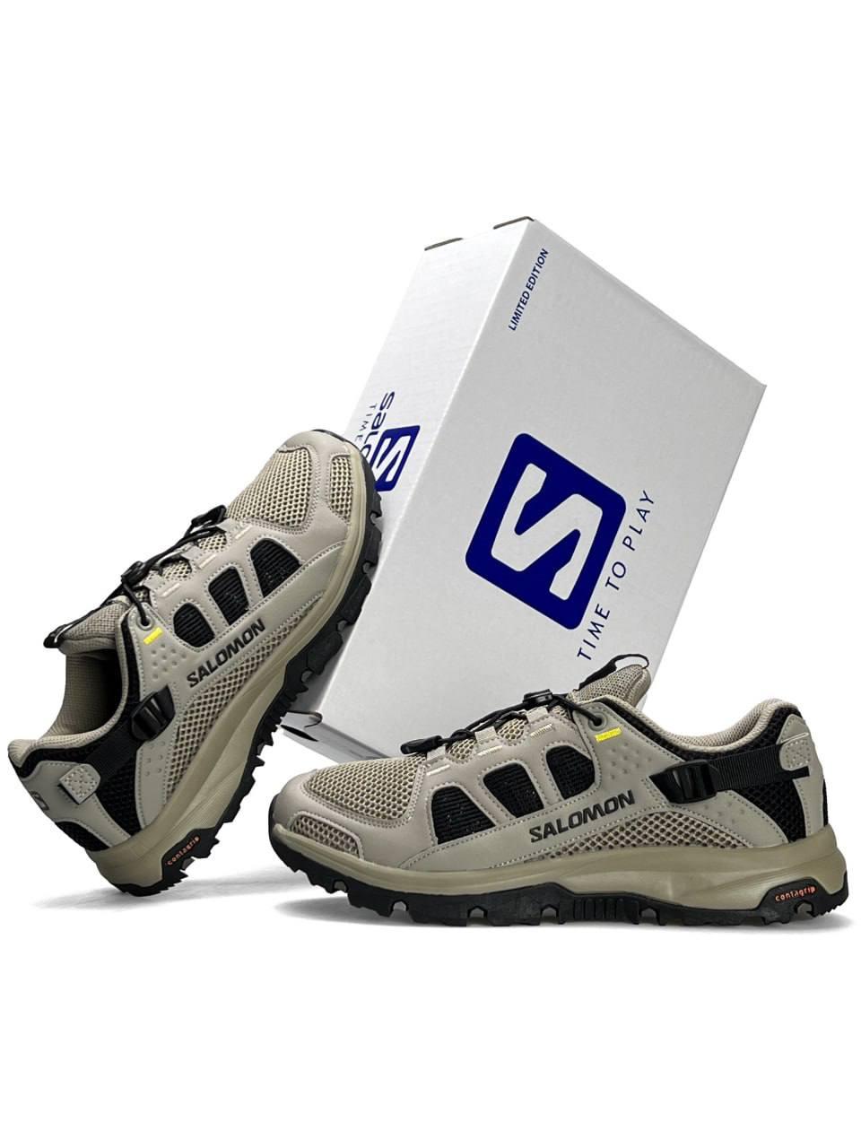 Чоловічі кросівки Salomon Tech Amphib 5 Beige Black Бежеві Взуття Саломон Теч Амфіб 5 сітка текстиль шнуровка QUICKFIT демісезон, фото 1