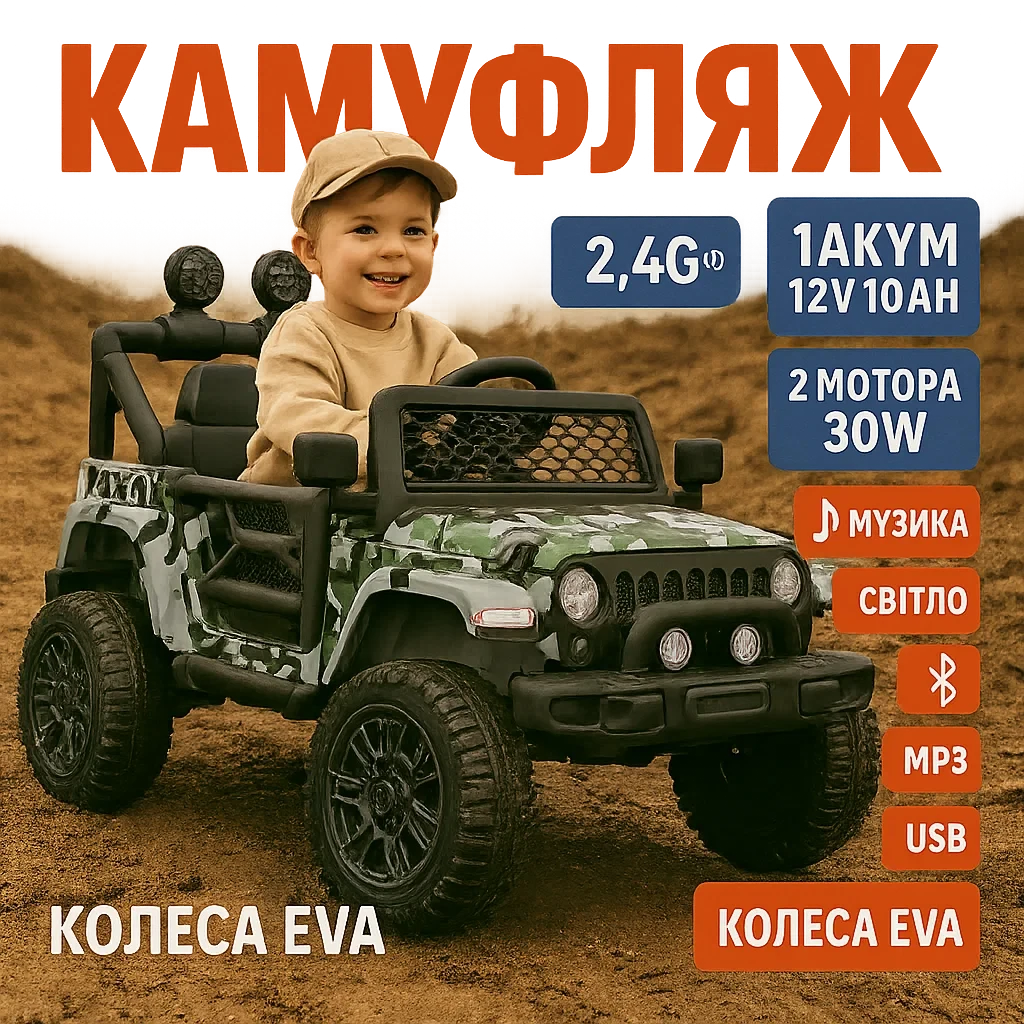 Дитячий мілітарі електромобіль Джип позашляховик з пультом / Іграшковий транспорт хлопчикові для вулиці Світло звук, фото 1