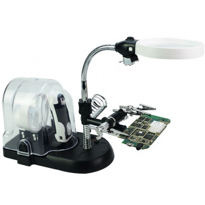 MG7761 LED, Тримач третя рука з LED підсвічуванням, з лупами 2.5X 5X 16X, підставка під паяльник, Ø90мм, фото 1