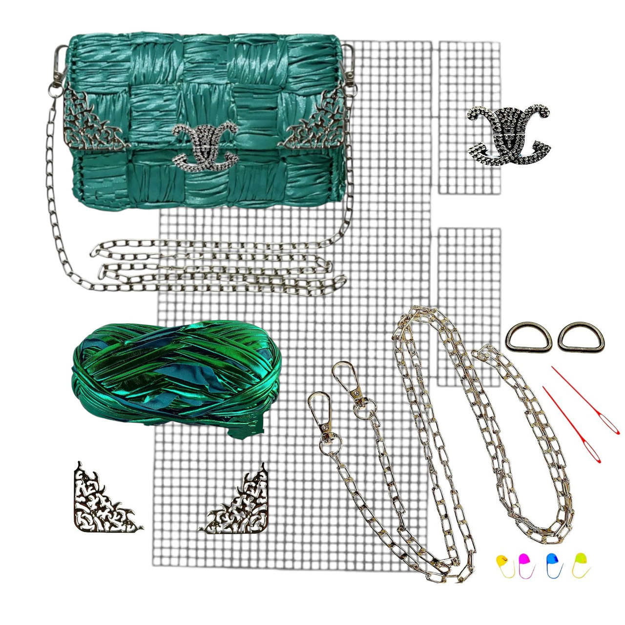 Набір для створення сумки із пластикової канви "Магнітний замок Лілія колір срібло" + нитки Металик Зелені, фото 1