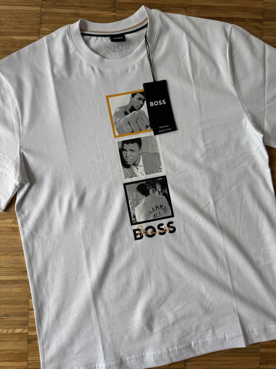Літня чоловіча футболка Boss Muhammad Ali White біла 100% бавовна принт на грудях і спині