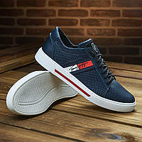 Летние дышащие мужские синие кроссовки кожа перфорация, натуральная кожа,мужская обувь на лето с перфорацией