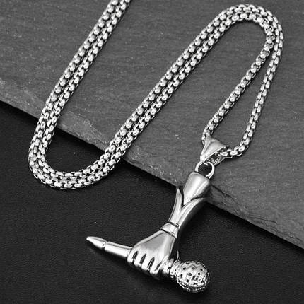 Ланцюг із кулоном сріблястого кольору Stainless Steel мікрофон застібка карабін розмір кулона 40х40 мм довжина 70 см, фото 2