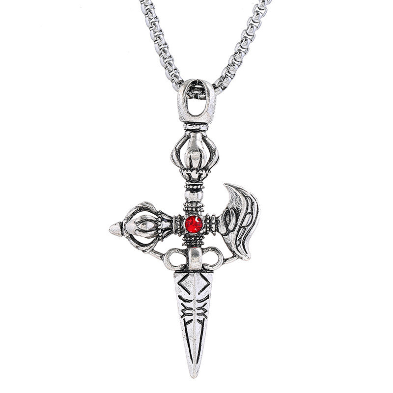 Ланцюг із кулоном кинджал із каменем сріблястого кольору Stainless Steel розмір 60х30 мм розмір ланцюга 70 см 3 мм