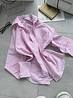 Модна базова стильна льняна жіноча смугаста подовжена сорочка льон у смужку літня в стилі