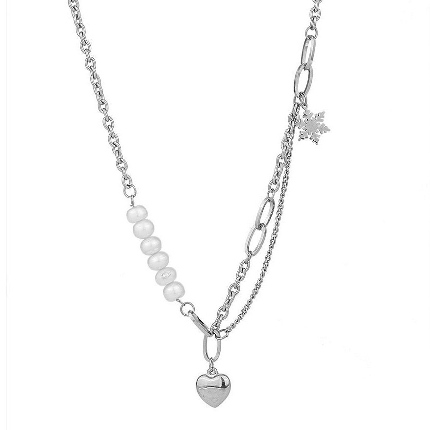 Ланцюжок комбінований колір срібло сталь 316 L кулон сердечко сніжинка перлини ланцюжок завдовжки 46 см тлщн 2 мм