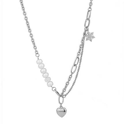 Ланцюжок комбінований колір срібло сталь 316 L кулон сердечко сніжинка перлини ланцюжок завдовжки 46 см тлщн 2 мм, фото 1