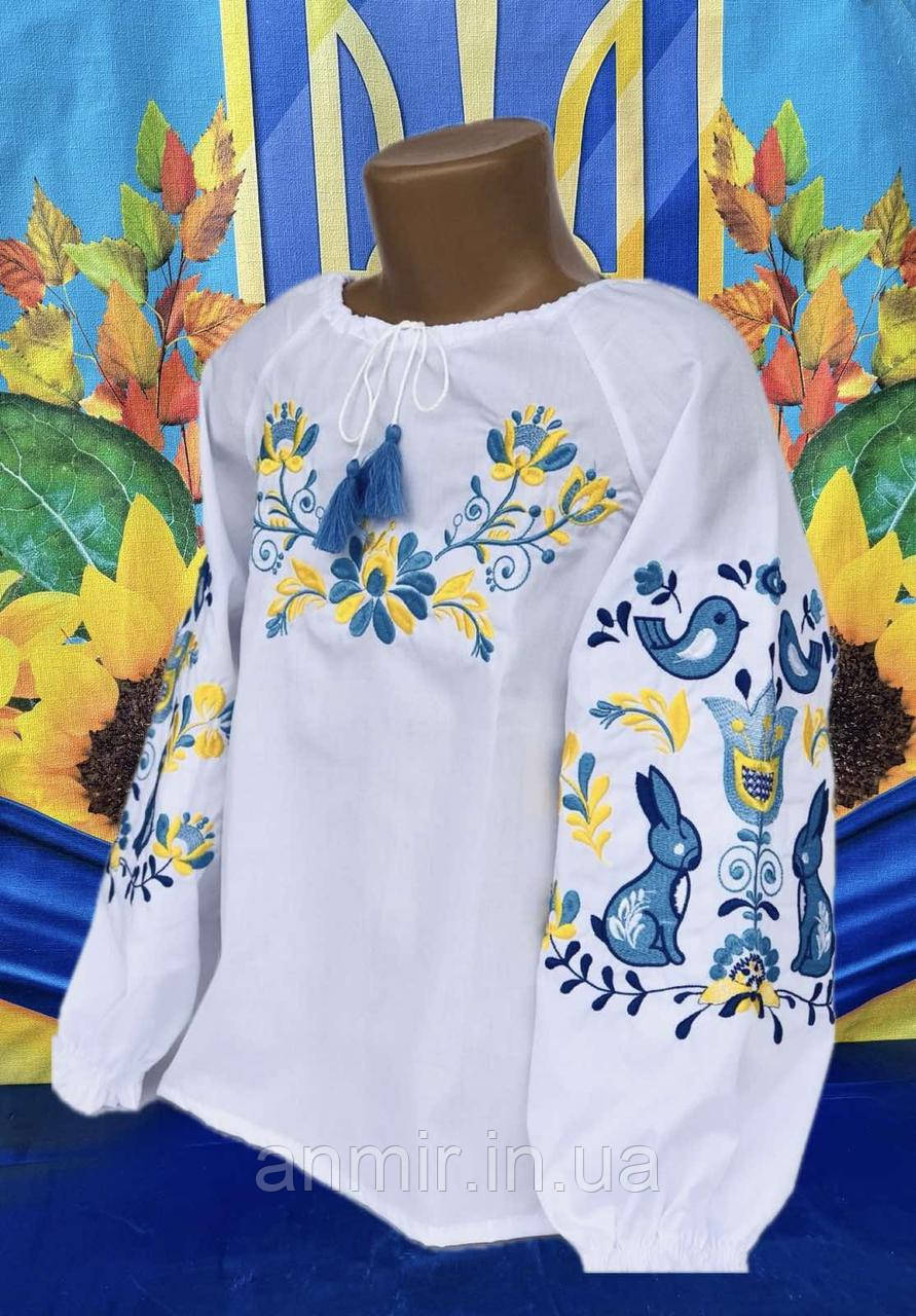Блузка-вишиванка дитяча ЗАЙЦИ поплін для дівчинки 3-6 років, білого кольору