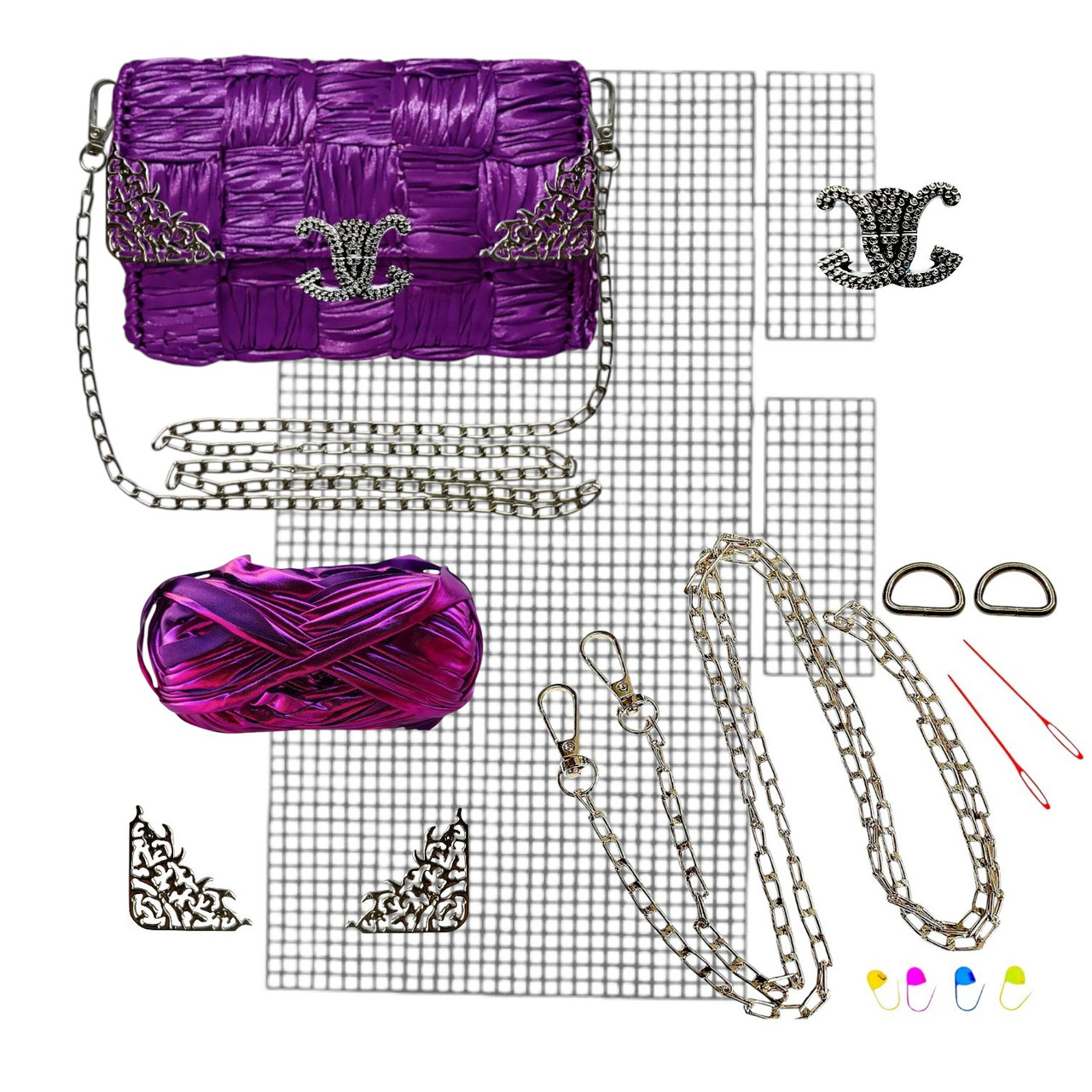 Набір для створення сумки із пластикової канви "Магнітний замок Лілія колір срібло" + нитки Металик Фіолетові, фото 1