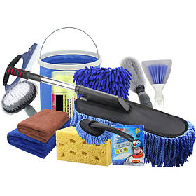 Набір аксесуарів для догляду за автомобілем 12 в 1 - відро, швабра, 4 щітки, губка, 2 рушники, рукавичка, серветка і порошок