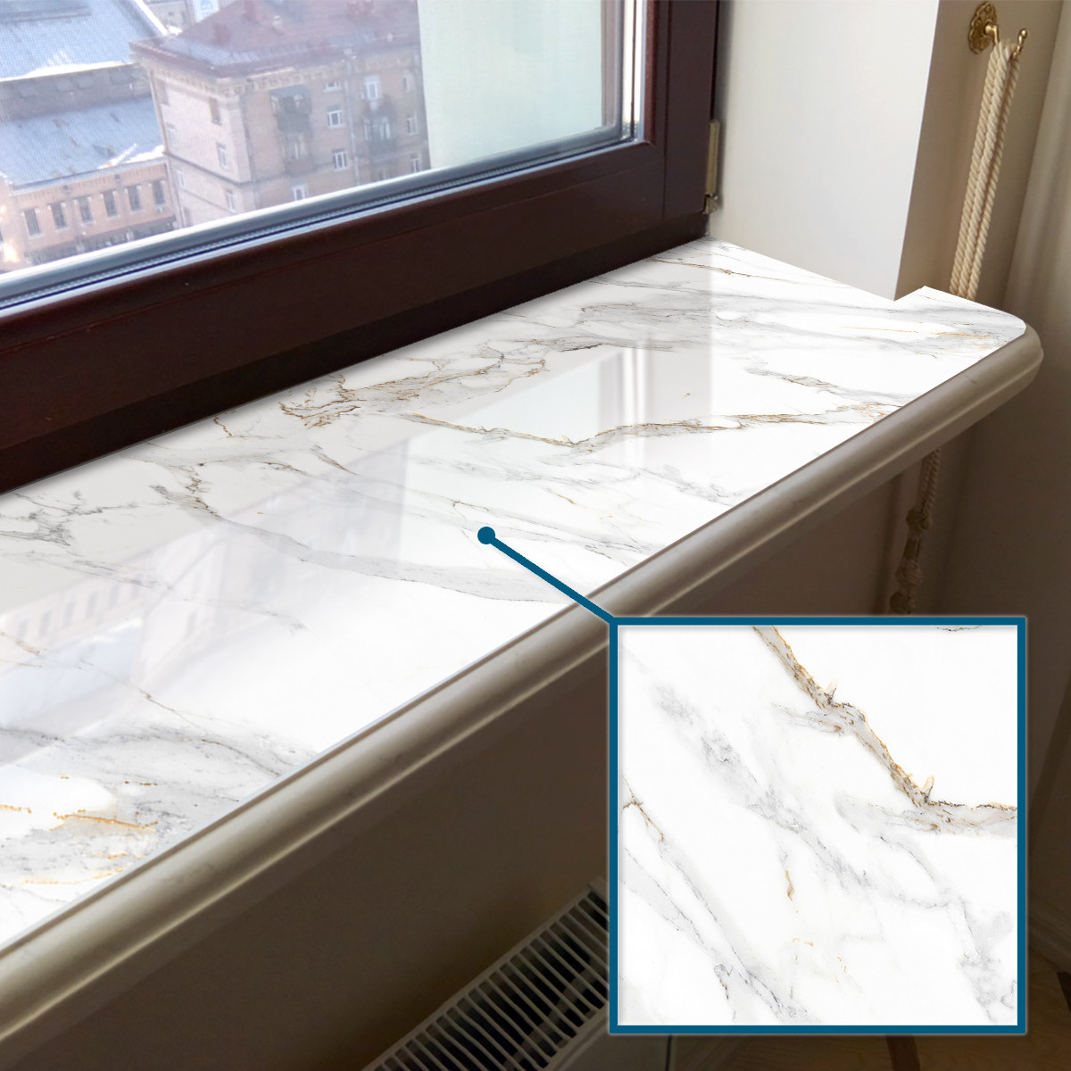 Покриття для підвіконня, м'яке скло з фотодруком Світлий мармур з золотими прожилками 35 х 100 см