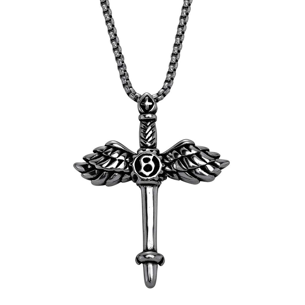 Ланцюг із кулоном кинджал із крилами сріблястого кольору Stainless Steel розмір 60х45 мм розмір ланцюга 70 см 3 мм