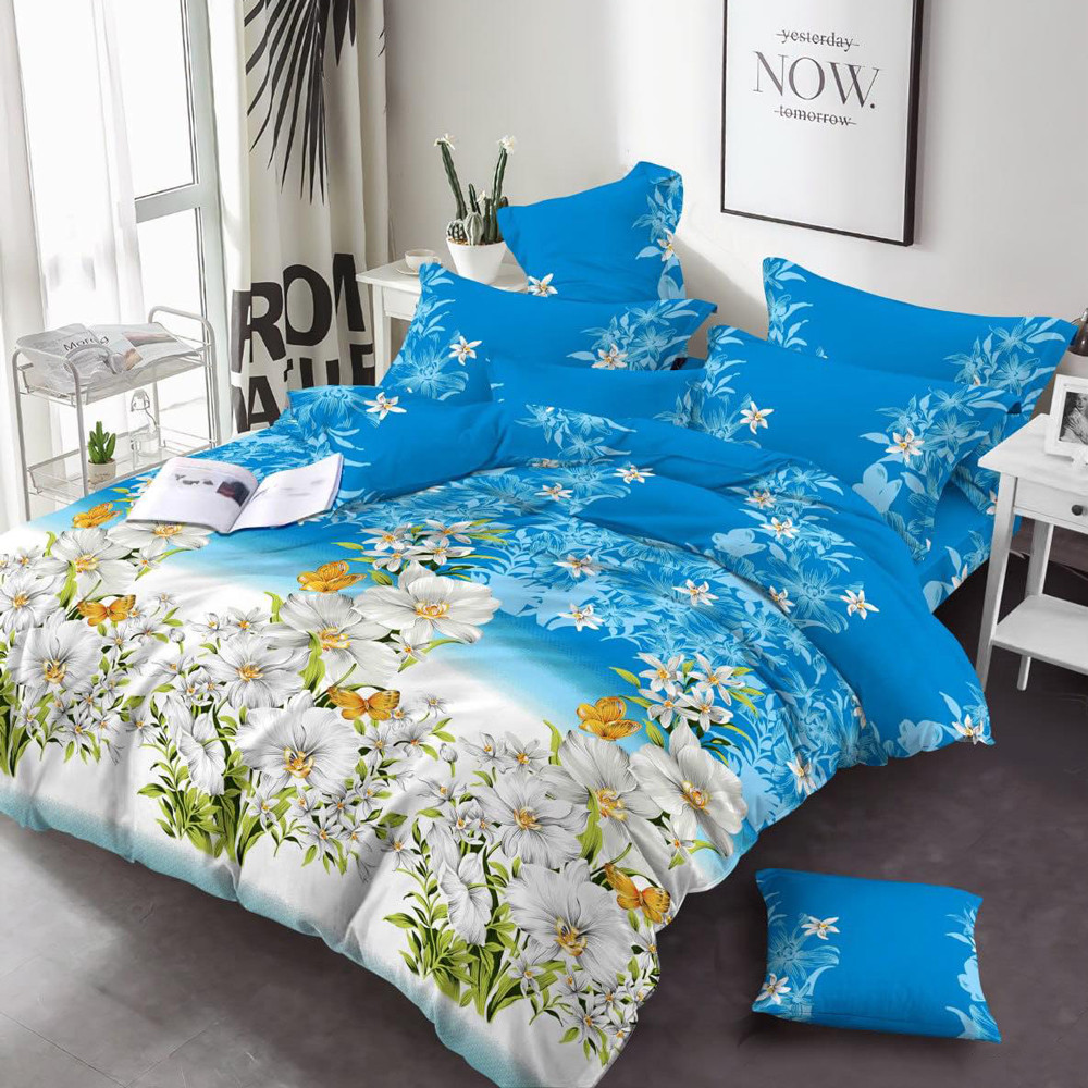 Блакитна Бязь Gold Lux квітковий принт, бавовняна тканина 220см для постільних речей, в рулоні 50м